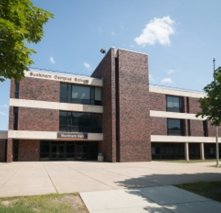 Exterior of Buckham Hall on a sunny day. 